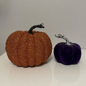 Lot of 2 - Pier 1 Halloween Orange Glitter & Purple Velvet Decor Pumpkins